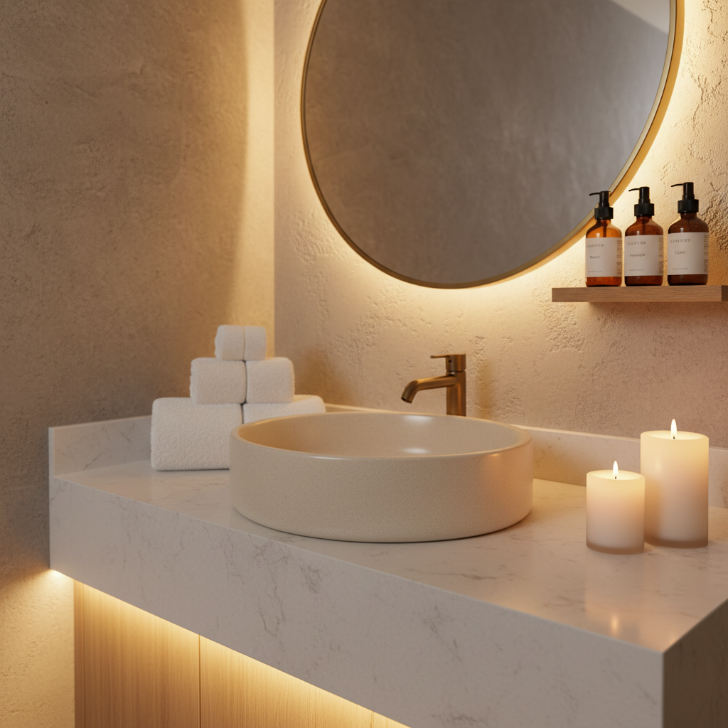 A serene corner of a luxury beauty salon featuring a deep, matte-porcelain basin set into a pale quartz counter, surrounded by neatly folded cloud-white towels and a pair of lit, unscented pillar candles in frosted glass holders. Above, a round backlit mirror glows softly against a textured, warm-gray plaster wall. A discreet shelf holds amber-glass bottles with minimalist labels in muted tones. Gentle, indirect LED strip lighting under the counter and behind the mirror bathes the scene in a warm, relaxing radiance. Captured in photographic realism at a three-quarter angle, with moderate depth of field to keep all elements crisp, the mood is tranquil, indulgent, and spa-like, highlighting the calming ritual of treatments at GLOSSED.